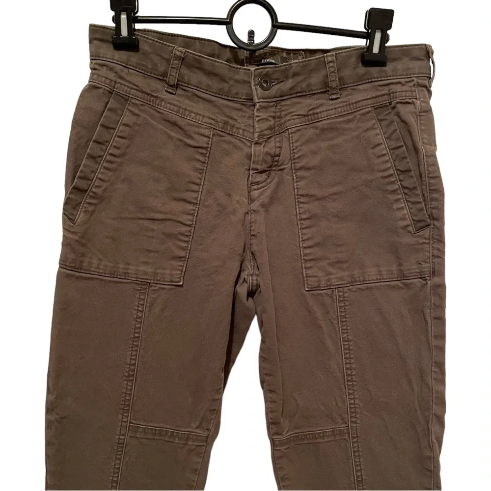 Prana Women’s Cropped Tan Pants Mid Rise Organic Cotton Blend size 6 Snap Fly - Picture 3 of 9